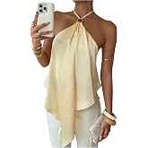OYOANGLE Women's Satin Halter Tops Asymmetrical Ruffle Flowy Going Out Top | Cute Tops, Country Concert Outfits, Festival, Metal, Elegant, Dressy Casual, Resort, Summer Date Night