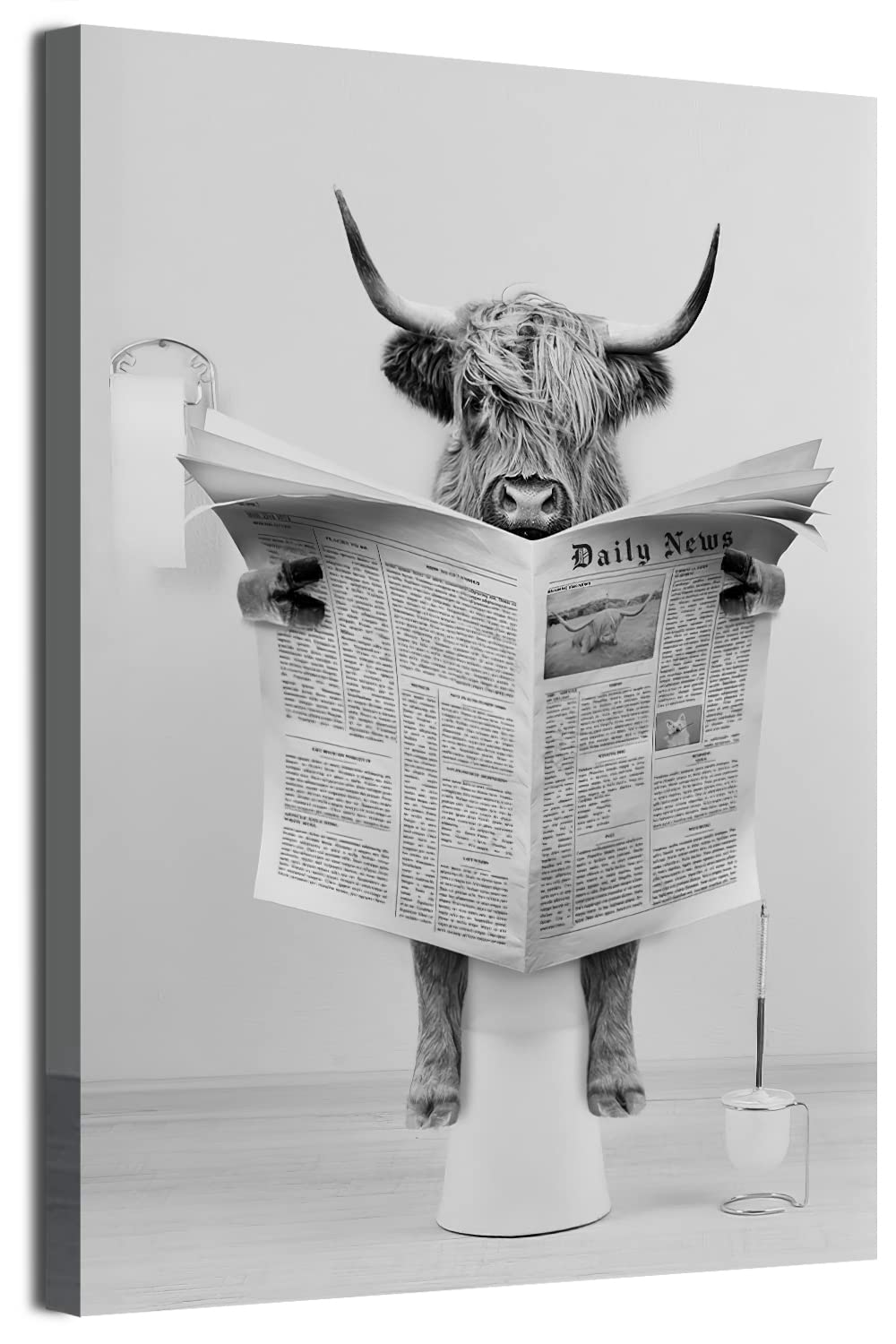 MKHFUW Scottish Highland Cow Wall Art Black and White Canvas Picture Cottage Bathroom Decorative Cow Wall Picture in Bathtub, Frameless（Reading Cinder,20 x 30cm）