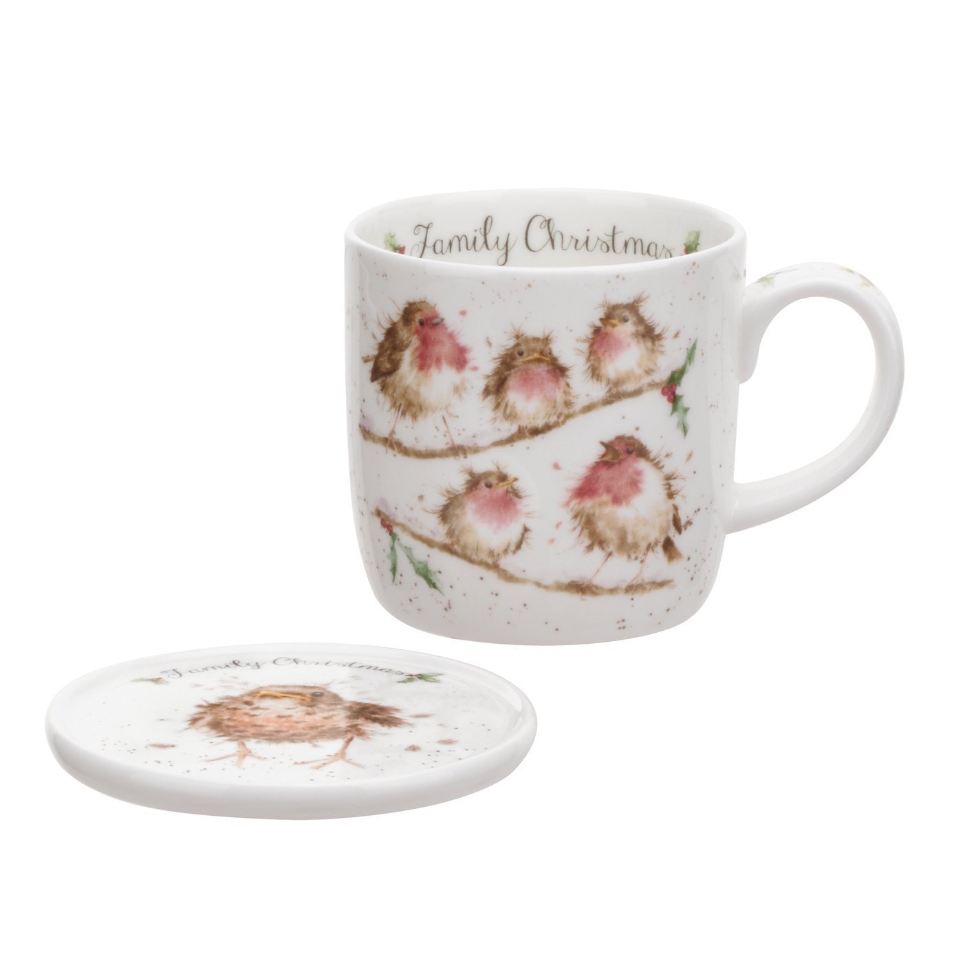 Portmeirion Home & Gifts Mug & Coasters-Family Christmas (Birds), Bone China, Multi-Colour, 2 Count (Pack of 1) 325 liters