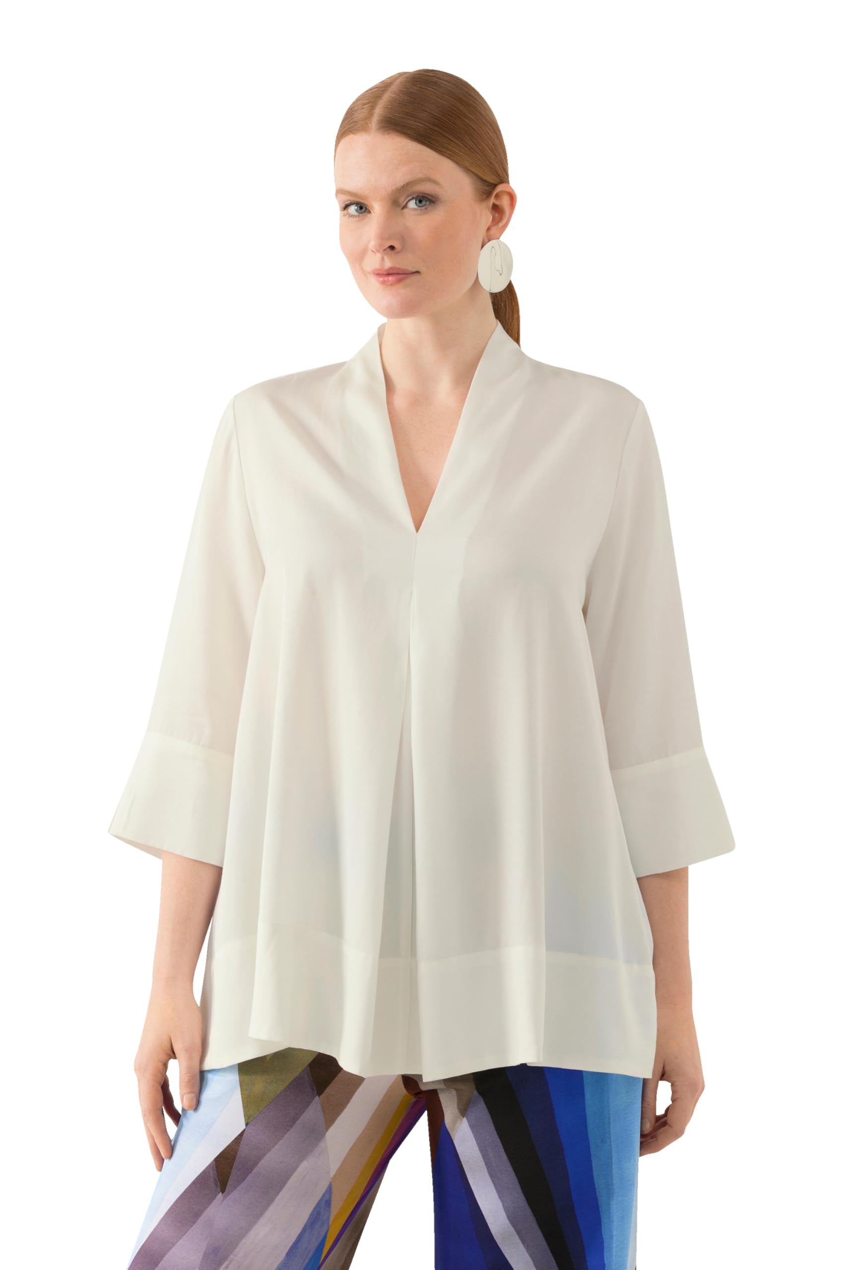 Ulla Popken Ladies Plus Size Plus Size Tunic Goblet Collar A-line V Neck 3/4 Sleeve 819367, Snow white, 42-44