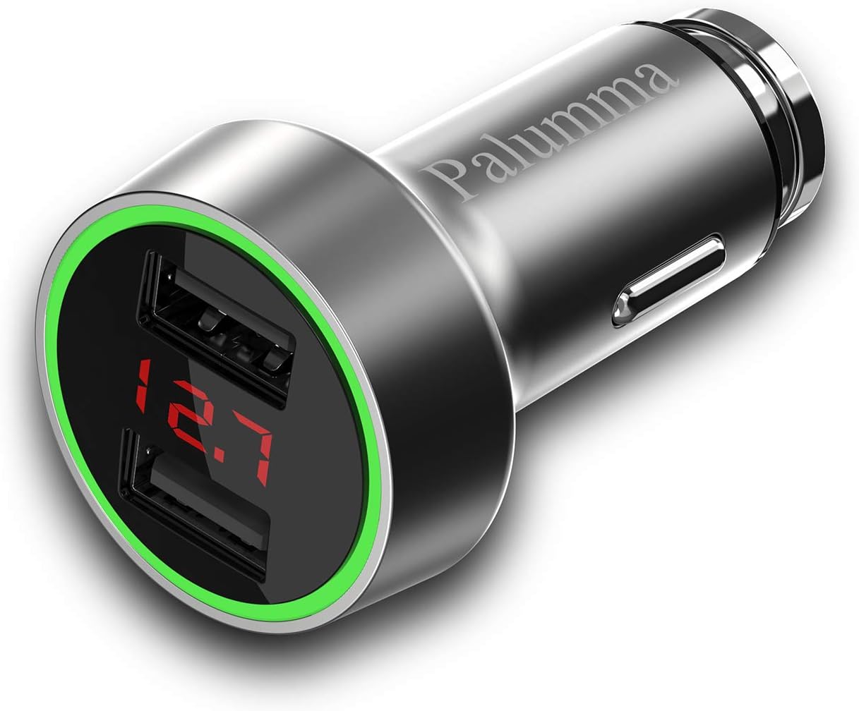 PALUMMA Car Charger, 5V/3.6A Dual USB Port Safe Smart Quick Car Charger Adapter with LED/LCD Display Battery Low Voltage Warning Volt Meter Car Battery Monitor (Silver)