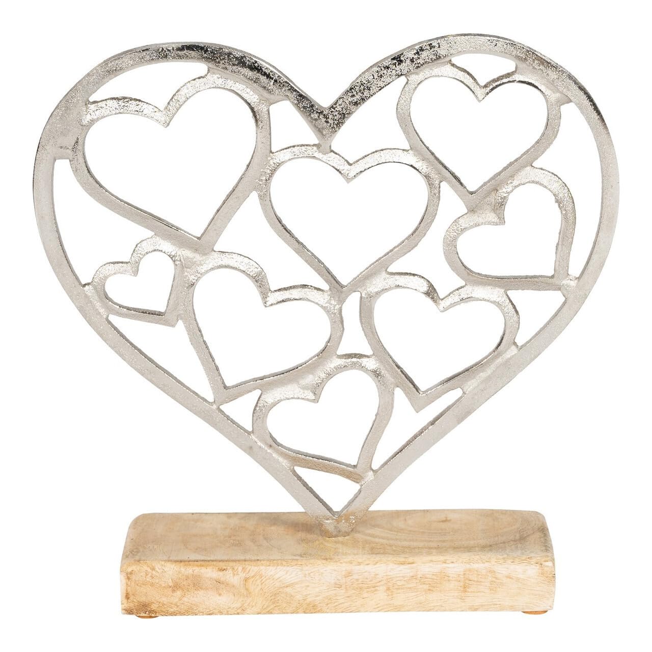F&G Supplies Beautiful small Polished aluminium 'Heart full of hearts' on a wooden base - sculpture decoration jewellery stand - would make a