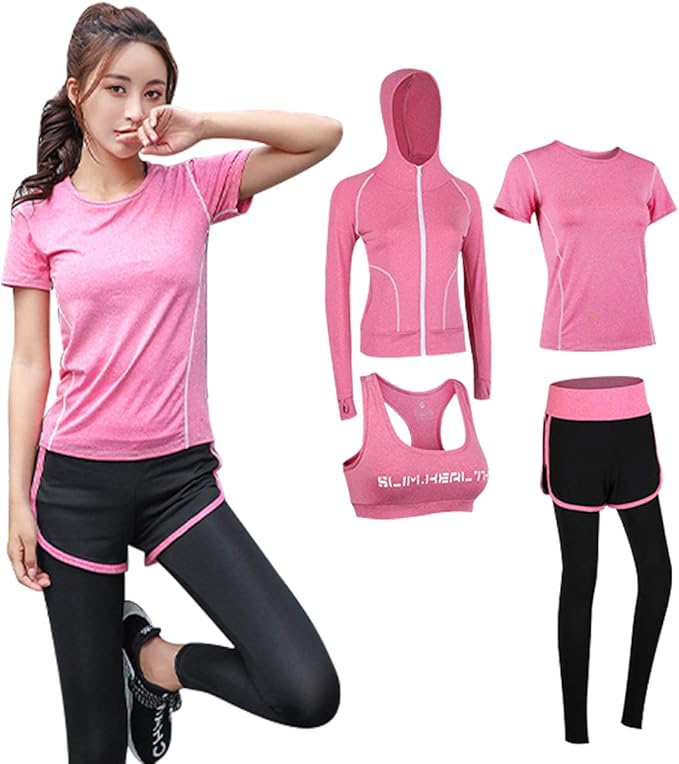 Amazon Aroniko スポーツウェア レディース 4点セット ヨガウェア トレーニングウェア ランニングウェア ホットヨガ 上下 2点セット 通気 吸汗 速乾 ピンク 4点セット Xl ジャージ上下セット 通販