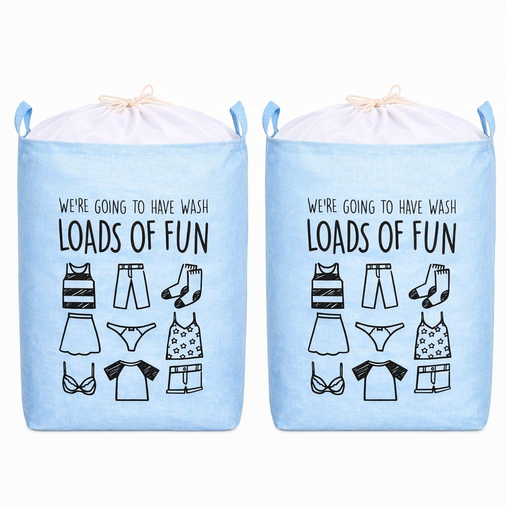 1ABOVE Collapsible Laundry Basket 2 Pack – Foldable Clothes Hamper with Drawstring Closure, Waterproof Durable Fabric Laundry Bag for Clothes Storage, Blue, 54 x 45 x 33 cm (75L)