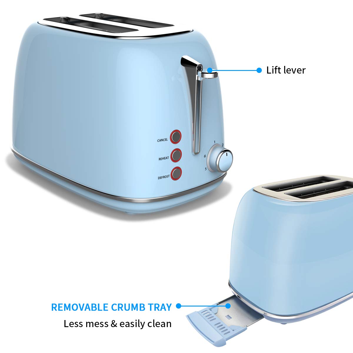 Toaster 2 Slice,Compact Bread Toasters With 6 Browning Settings & Stainless Steel Housing ,Toasts Defrost Bagel Reheat Cancel Button Removable Crumb Tray, Blue