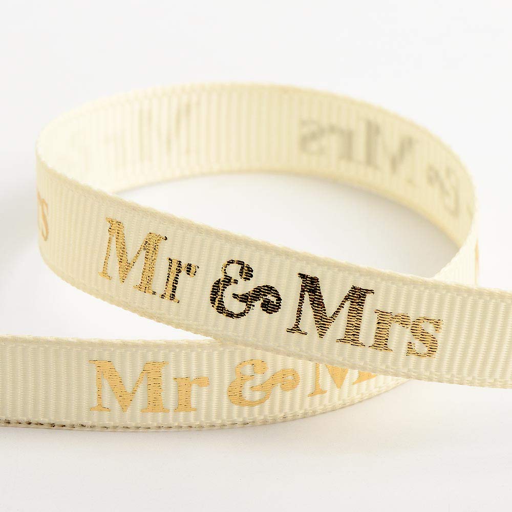Mr & Mrs Ribbon Cream/Gold Grosgrain (9mm x 20M)