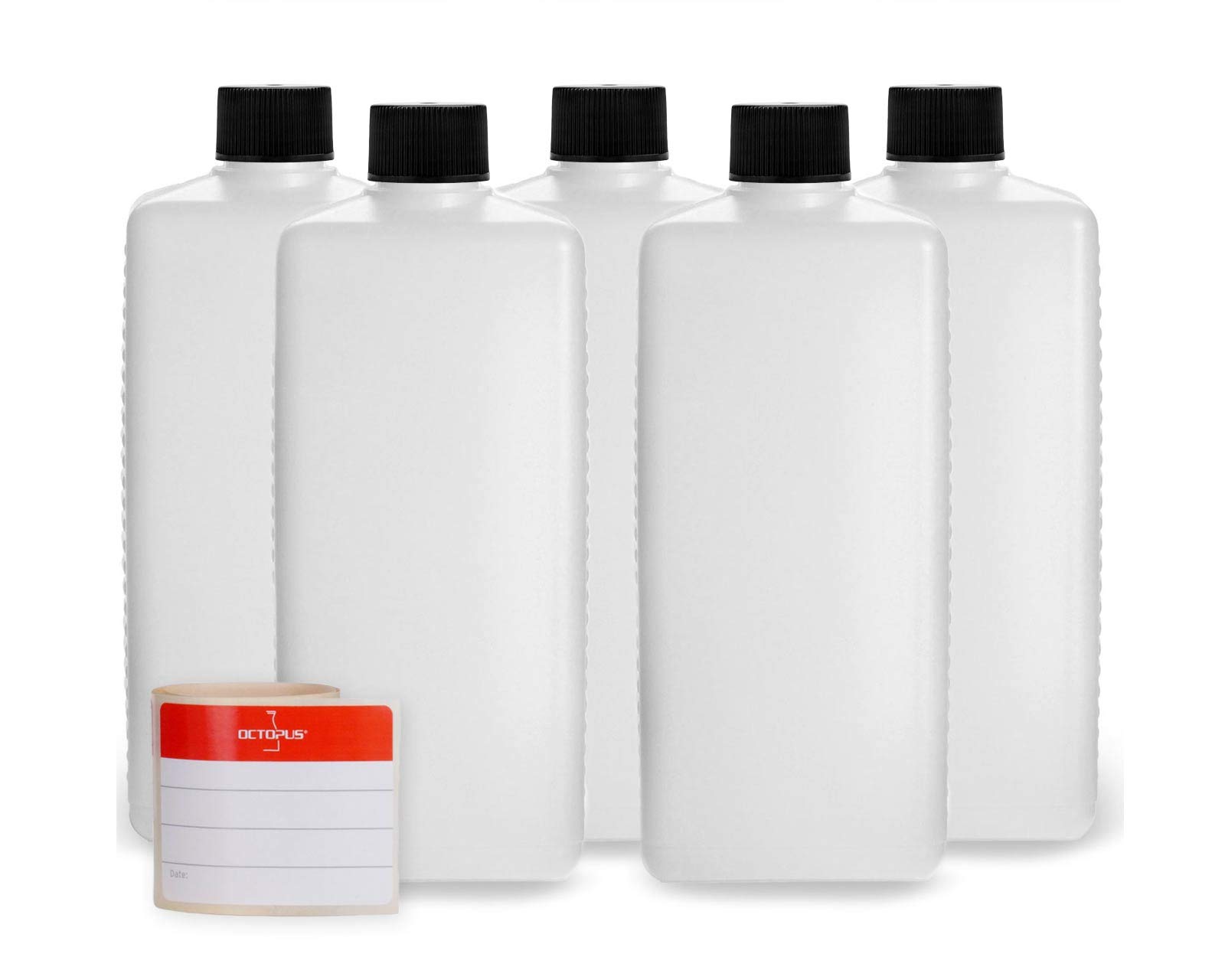 Octopus 5 x 500 ml Plastic Bottles, HDPE Plastic Bottles with Black Screw Caps, Empty Bottles with Black Screw Caps, Square Bottles with 5 Labelling Labels