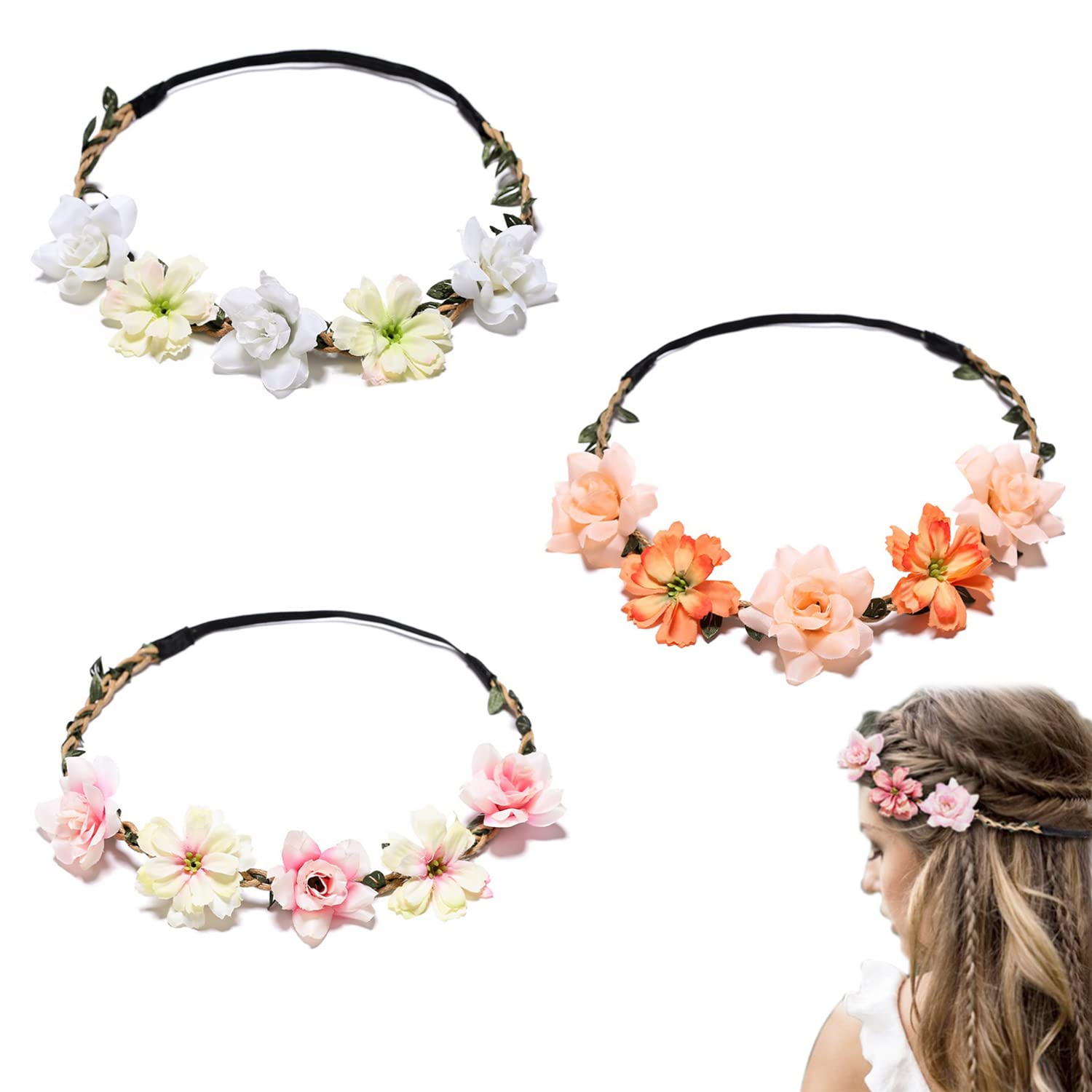 iTYOOS 3 Pcs Daisy Flower Hair Band, Girls Flowers Artificial Headband, Festival Hair Accessories, Floral Hair Hoops Wreath, Ladies Floral Festival Flower with Adjustable Elastic Ribbon