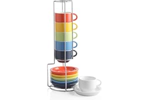 Sweejar 2.5Oz Porcelain Espresso Cup & Saucer Set, Stackable Demitasse Cups with Metal Stand, Coffee,Cafe Mocha,Tea, Latte, S