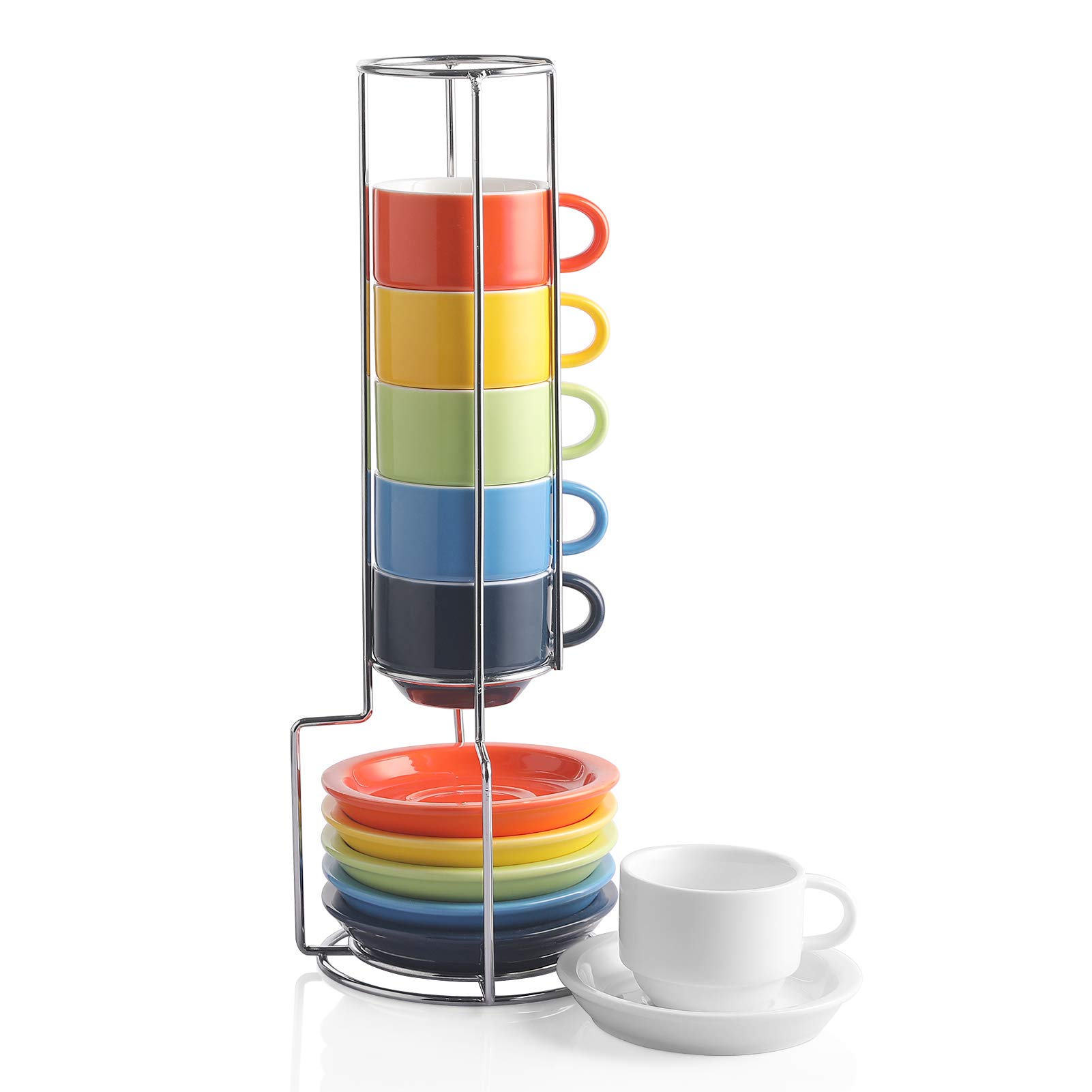 Sweejar Home Porcelain Espresso Cup & Saucer Set, Stackable Demitasse Cups with Metal Stand, 70 ml for Latte,Coffee,Cafe Mocha,Tea, Set of 6 (Multicolour)