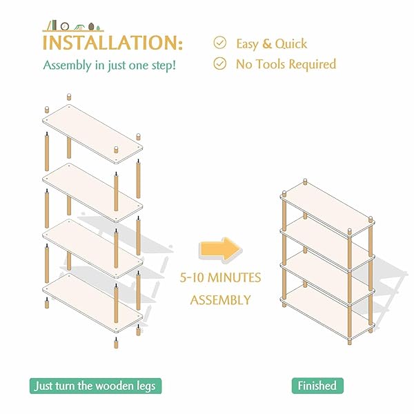 IOTXY 5-TIER WOODEN SHELF BOOKCASE – MODERN OPEN BOOKSHELF, FREE STANDING STORAGE RACK, MULTIFUNCTIONAL DISPLAY STAND FOR HOME AND OFFICE, OAK, RECTANGLE