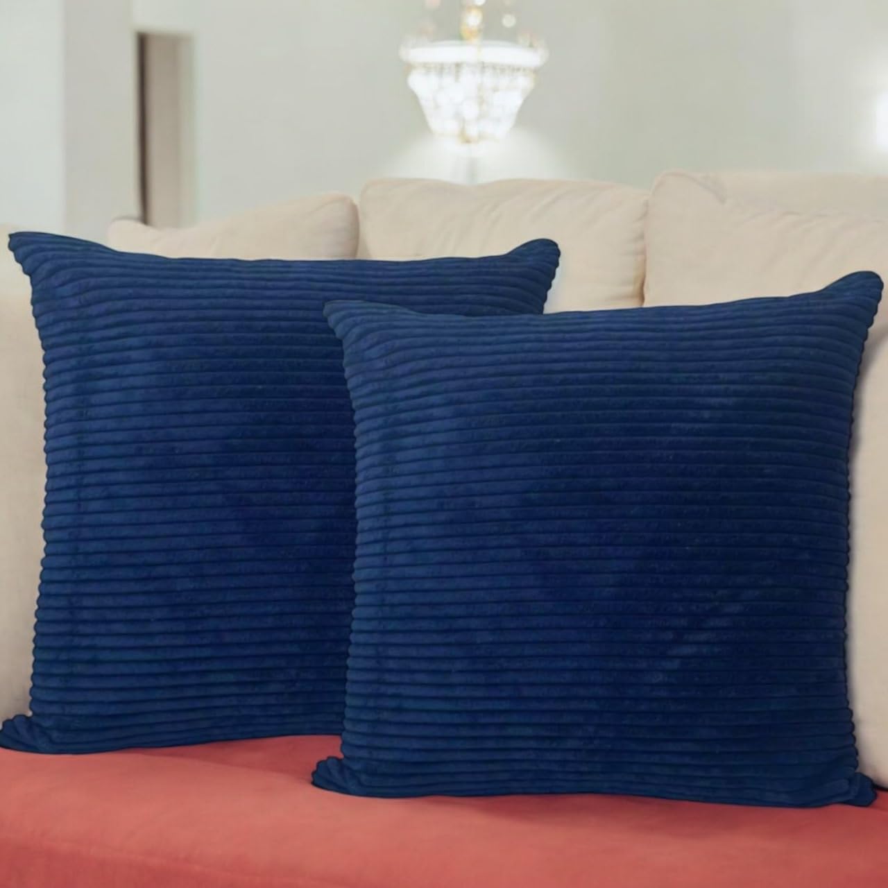 Seechoo Corduroy Cushion Covers, Set of 2, 45 x 45 cm, Striped, with Invisible Zipper, 18 x 18 Inch (Blue)