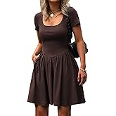 Mieazom Women's Summer Casual Short Sleeve Mini Dress Square Neck A Line Pleated Swing Dresses Basic Short Dress with Pockets