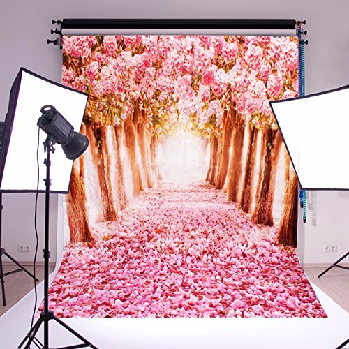 MOHOO Photography Backdrop Cherry Blossoms/Sakura Flower Street Wedding Valentine's Day Photo Video Props 5X7FT Silk