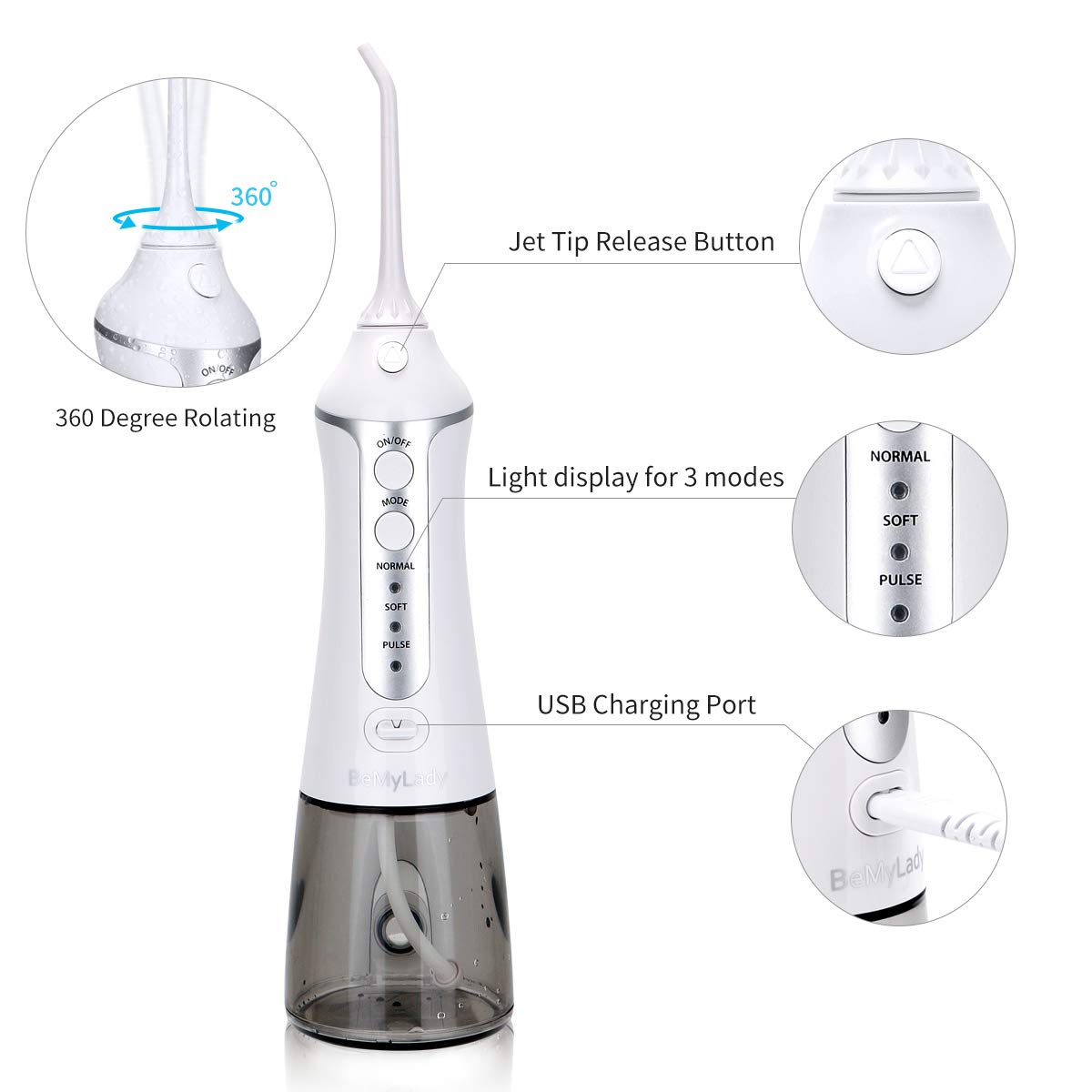 Cordless Water Flosser Oral Irrigator Portable- BeMyLady Electric Water Flosser Travel Rechargeable for Teeth Waterproof with Leak-proof Cleanable Water Tank