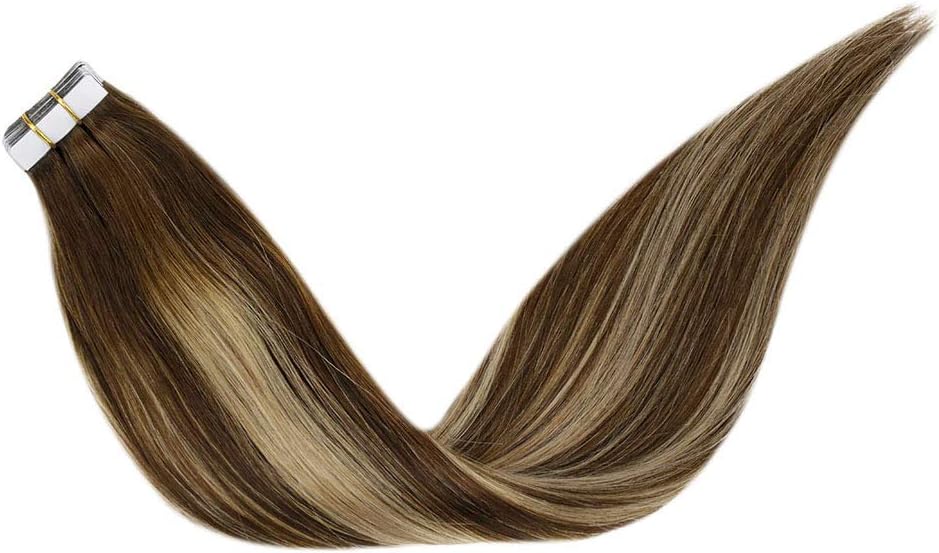 LaaVoo Hair Extension Tape in Human Hair Dark Brown Ombre to Ash Blonde with Brown Tape in Remy Human Hair Extensions Glue in Hair Balayage 2.5g per Piece 20pcs 20inch