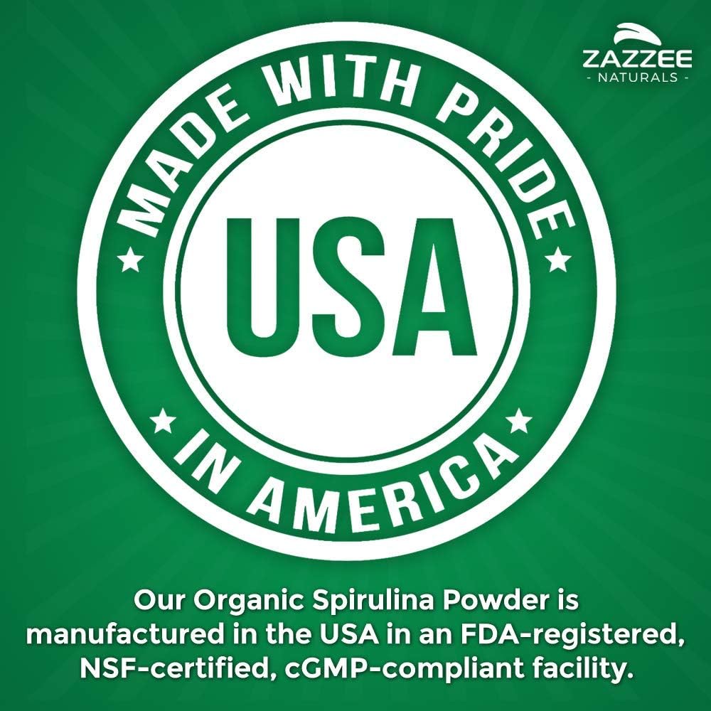 Zazzee USDA Organic Spirulina Powder 2.2 Pounds (1 KG), 303 Servings, 100% Pure and Non-Irradiated, Vegan, All-Natural, and Non-GMO, Mess-Free Wide Mouth Container, Fresh Smell and Neutral Taste: Health & Personal Care