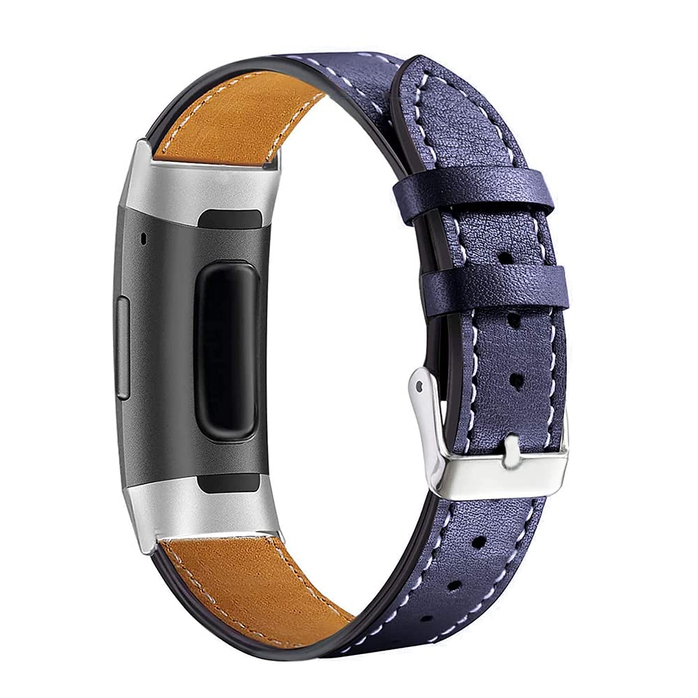 AISPORTS Compatible with Fitbit Charge 4/3 Strap Leather for Women Men, Soft Breathable Leather Sport Wristband Metal Buckle Bracelet Replacement Strap for Fitbit Charge 4/3