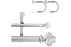 1 Inch Modern Silver Double Curtain Rod Set - Tension rods for windows 28 to 48 inchs- Luxury Translucent Finials with Holdbacks -BHSRODS Home Double Window Rods for Living Room & Bedroom