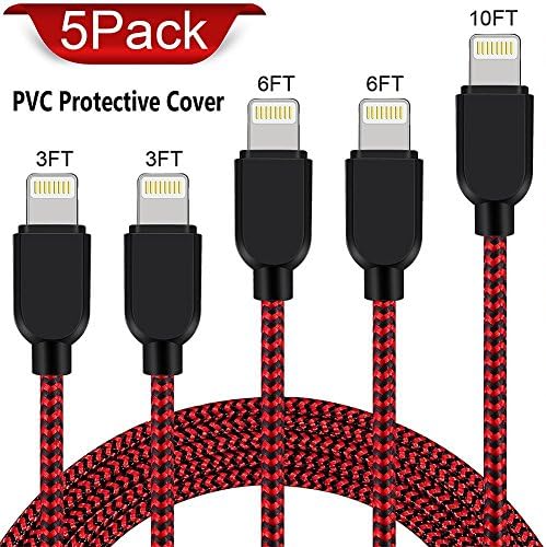 YEFOOT 5 Pack[3FT 3FT 6FT 6FT 10FT] iPhone Charger Extra Long Lightning Cable Nylon Braided Compatible with iPhone X/8/8 Plus/7/7 Plus/6/6 Plus/6S/6S Plus/5/5S/SE,iPad,iPod (Black and Red)