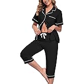 COLORFULLEAF Womens Cotton Pajama Sets Short Sleeve Button Down Sleepwear Summer Capri Pants Pjs with Pockets