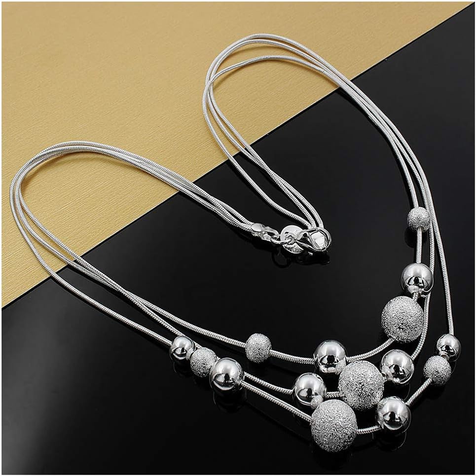 Ladies Necklace, Silver Jewelry Fashion Three-Chain Light Sand Bead Necklace