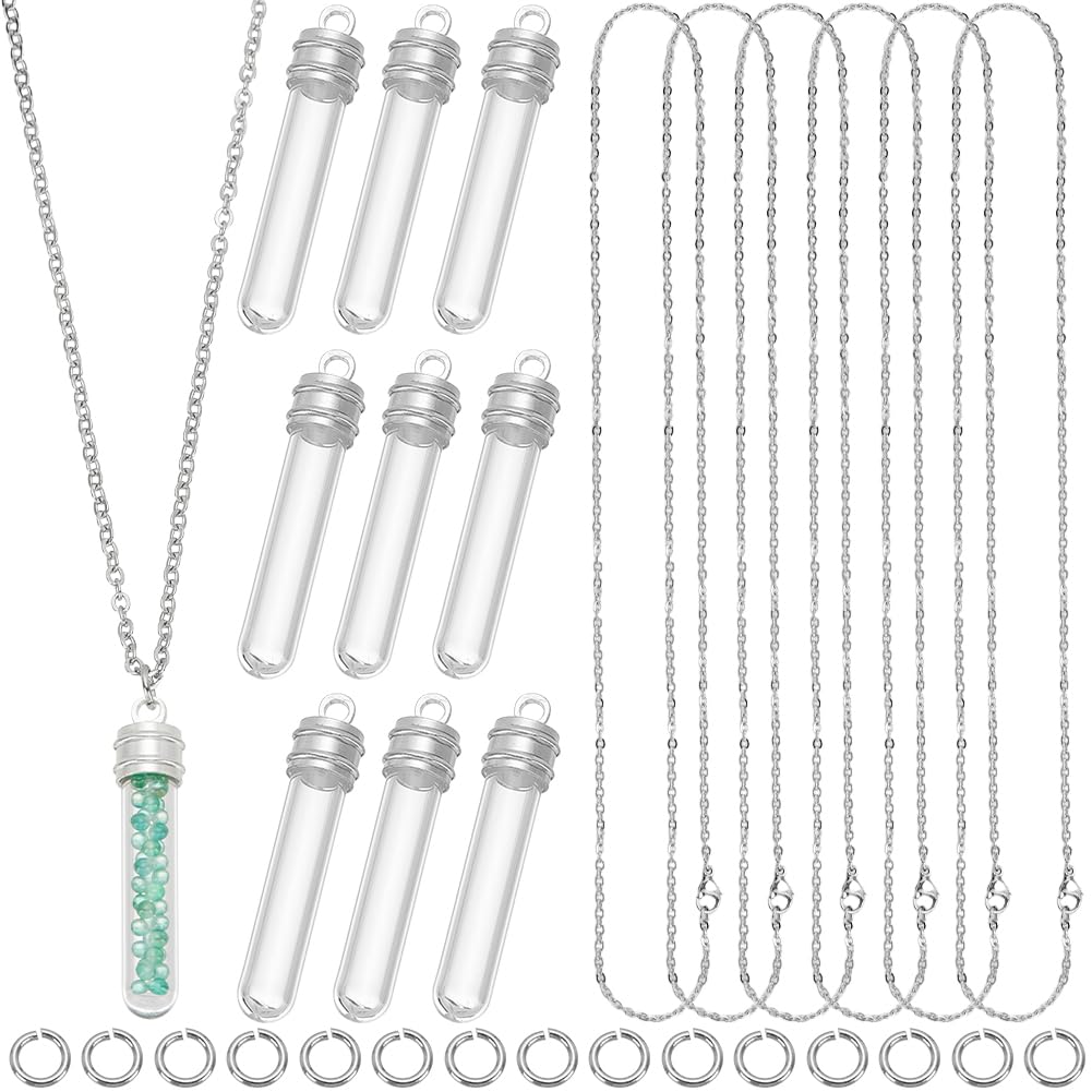SUNNYCLUE 1 Box DIY 10 Sets Glass Vial Necklaces Bulk Wish Bottle Necklace Lucky Silver Transparent with Stainless Steel Chain Hanging Tube Empty Charm for Jewellery Making Handmade Crafts Christmas