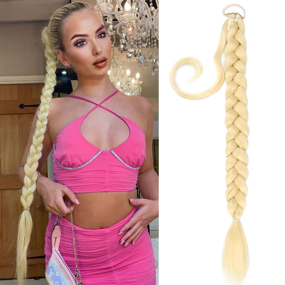 Gledola Long Braided Ponytail Extension 30 Inch Pre stretched Braiding Hair Extensions DIY Braid Ponytail Synthetic Hair Piece (Light Blonde, 30 inches)