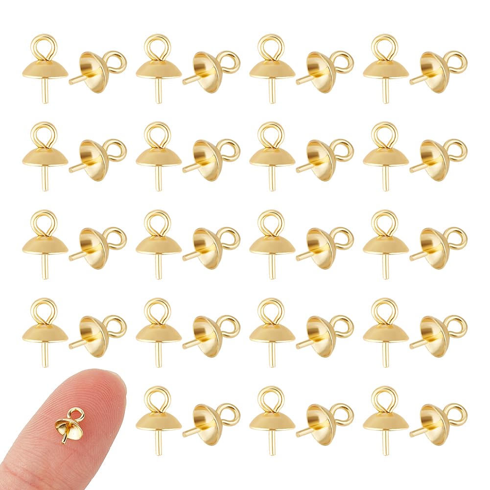 UNICRAFTALE 80Pcs Stainless Steel Small Cup Pearl Peg Bails Eye Pins Bail Caps Pin Pendants Connector For Half Drilled Beads Golden Half Round Charm Bails for Earring Necklace Jewelry DIY Making