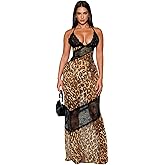 Caviotess Women’s See Through Mesh Leopard Print Maxi Dress Sexy Lace V Neck Bodycon Long Dress Party Club Dresses