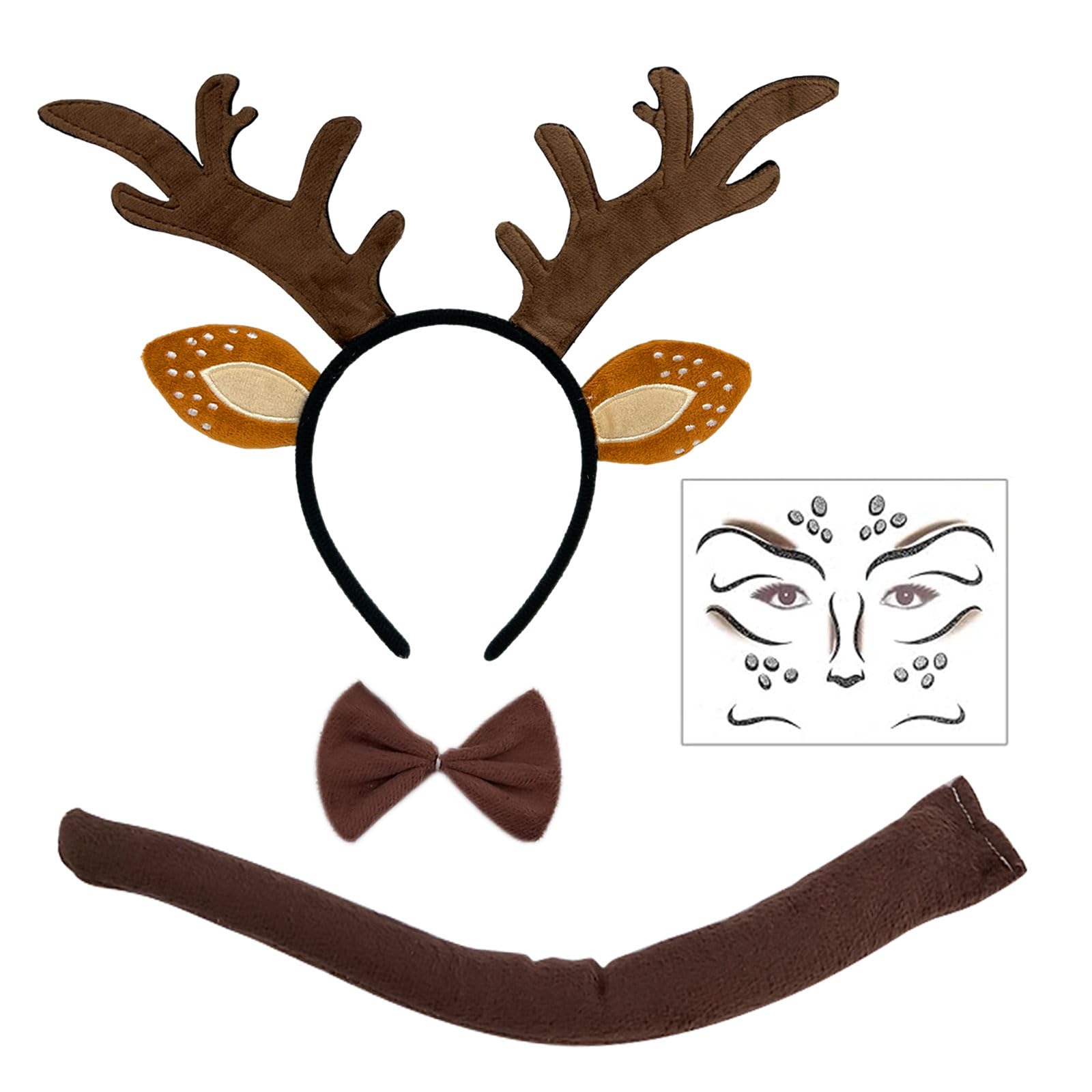 EUPSIIU Reindeer Headband, Deer Face Tattoo, Antler Headband, Reindeer tail, Reindeer Bow Tie, Women's Costume, Halloween, Carnival, Christmas, Elves Party for Christmas Favours (Brown)
