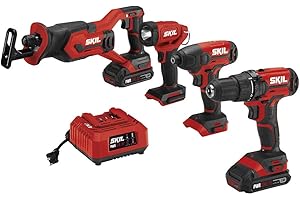 SKIL 4-Tool Kit: 20V Cordless Drill Driver, Impact Driver, Reciprocating Saw and LED Spotlight, Includes Two 2.0Ah Lithium Ba