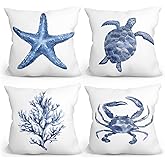 4Pcs Sea Life Coastal Throw Pillow Covers 18x18 Inch, Indigo Blue Summer Room Decor Cushion Covers, Beach Decorative Pillows for Couch Sofa Living Room Bedroom, Starfish Turtle Crab Coral Decor