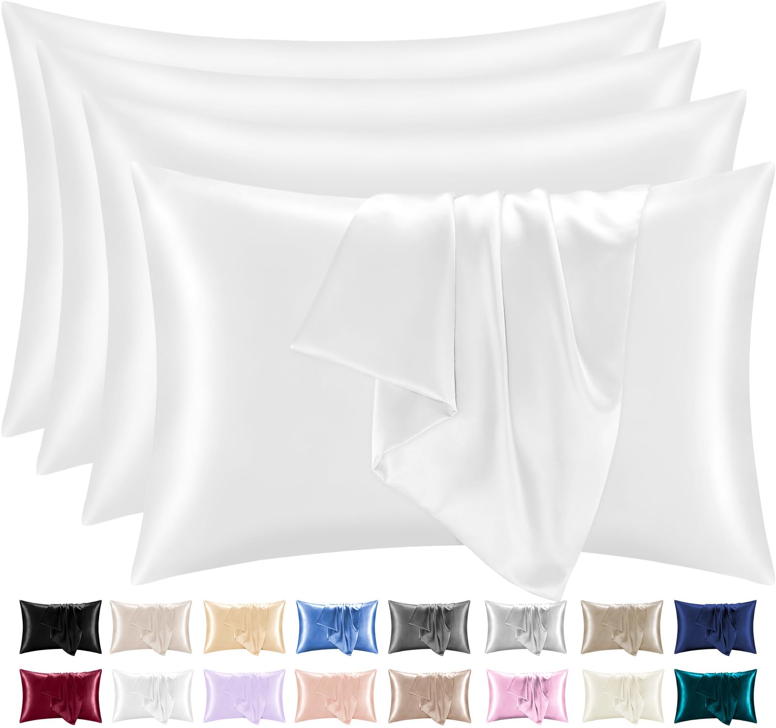 Lazzaro Satin Silk Pillowcases for Hair and Skin - Hypoallergenic Silk Pillow Cases 4 Pack with Envelope Closure - Ultrasoft Standard Size White Silk Pillowcases (50 x 75 cm)