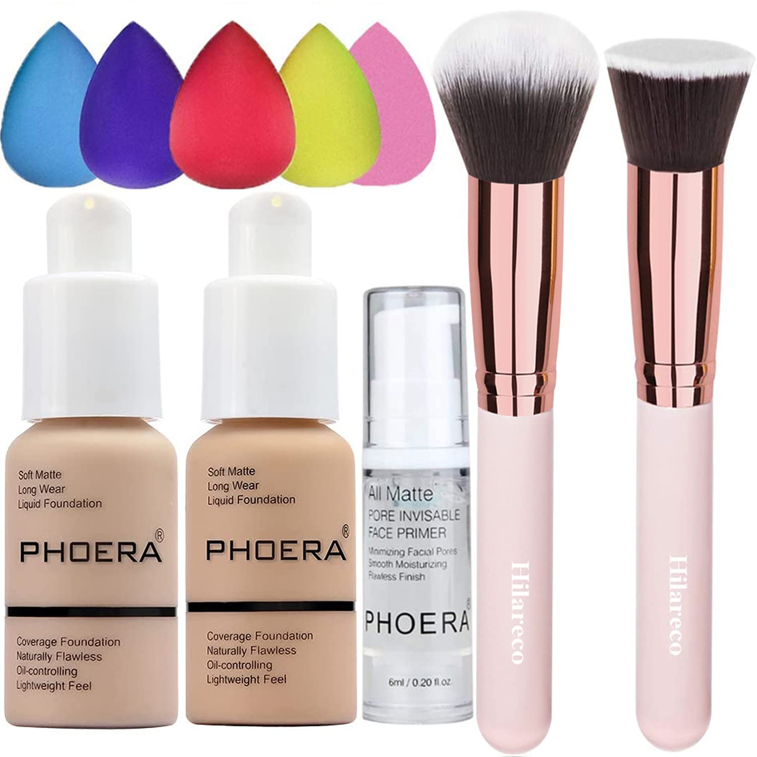 Phoera Foundation and PHOERA Prime PHOERA Makeup,Hilareco Full Coverage Foundation Set, Foundation Brush Powder Brush,Flawless 30ml Natural Matte Oil Control (102 Nude +104 Buff Beige)