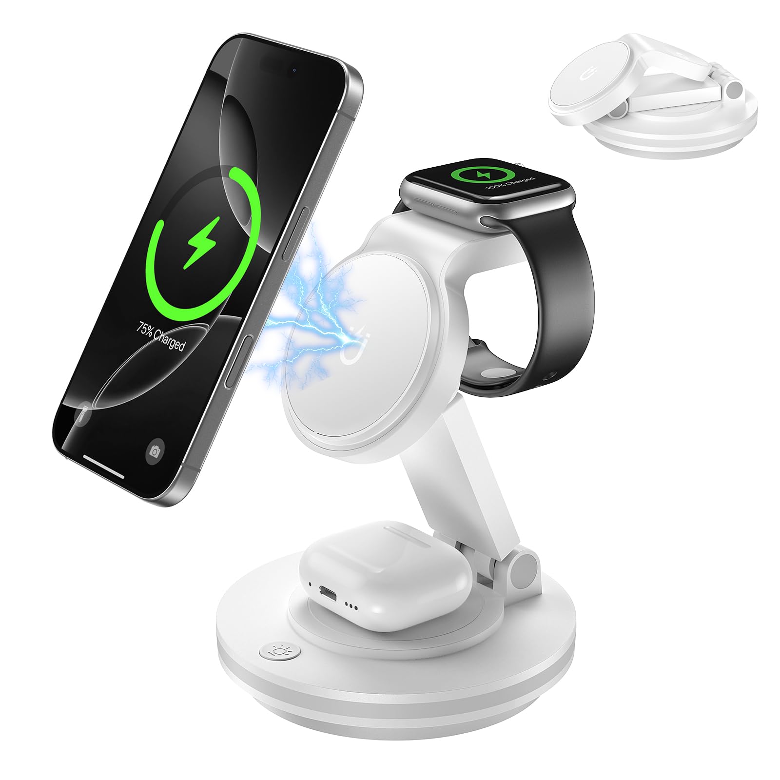 3 in 1 Wireless Charging Station,Mag-Safe Charger Stand,Fast Wireless Charger Stand Compatible with iPhone 16/15/14/13/12/Pro/Pro Max/Mini,Phone and Watch Charger Stand for Apple Watch,Airpods(White)