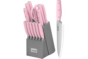 hecef Kitchen Knife Block Set, 14 Pieces Knife Set with Wooden Block & Sharpener Steel & All-Purpose Scissors, High Carbon St