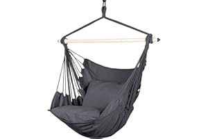 Highwild Hammock Chair Hanging Rope Swing - Max 500 Lbs - 2 Cushions Included - Steel Spreader Bar with Anti-Slip Rings - for Any Indoor or Outdoor Spaces (Grey)