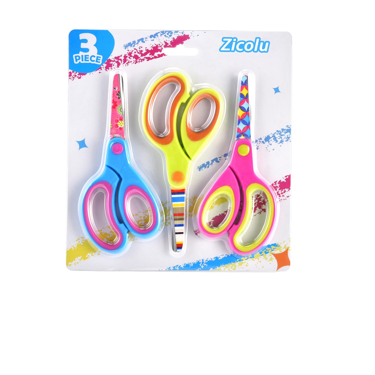 Zicolu Kids Scissors Set of 3 pack, Safety Children Scissors, Craft Scissors with Blunt Tip Floral Print Blade and Soft Grip, Great for Home and School, Blue/Purple/Yellow, 5 inch