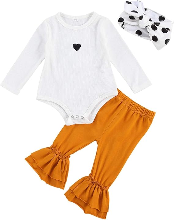 Amazon Co Jp ベビー服 女の子 ３点セット 春秋服 長袖 ハート柄 ロンパース 無地 ベルボトム ロングパンツ 水玉 ヘアバンド付き 春秋服 普段着 旅行 外出 服 ファッション小物