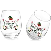Tis the Season to Get Tipsy Christmas Stemless Wine Glass, Christmas Gift Wine Glass for Friends Dad Mom Women Men Family Christmas Holiday Wedding, 15 Oz, Set of 2