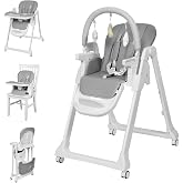 Ezebaby Foldable Baby High Chair, 3-in-1 Convertible High Chairs to Booster Seat, Portable High Chair with Adjustable Height and Recline, Removable Tray &amp; Toy Bar