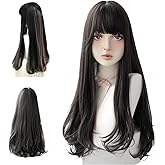 HUAISU Long Black Wig With Bangs Natural Hair Wig for Women Cosplay Wig (Black, 25inch)