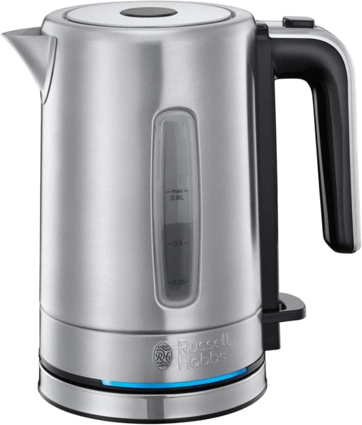 Russell Hobbs Bouilloire Electrique Inox [Compacte & Design] Compact Home (0,8L, 2200 W, Ecoulement Parfait, Eclairage Led, Filtre Anticalcaire, Ouverture Auto., Ergonomique, Base 360°) 24190-70