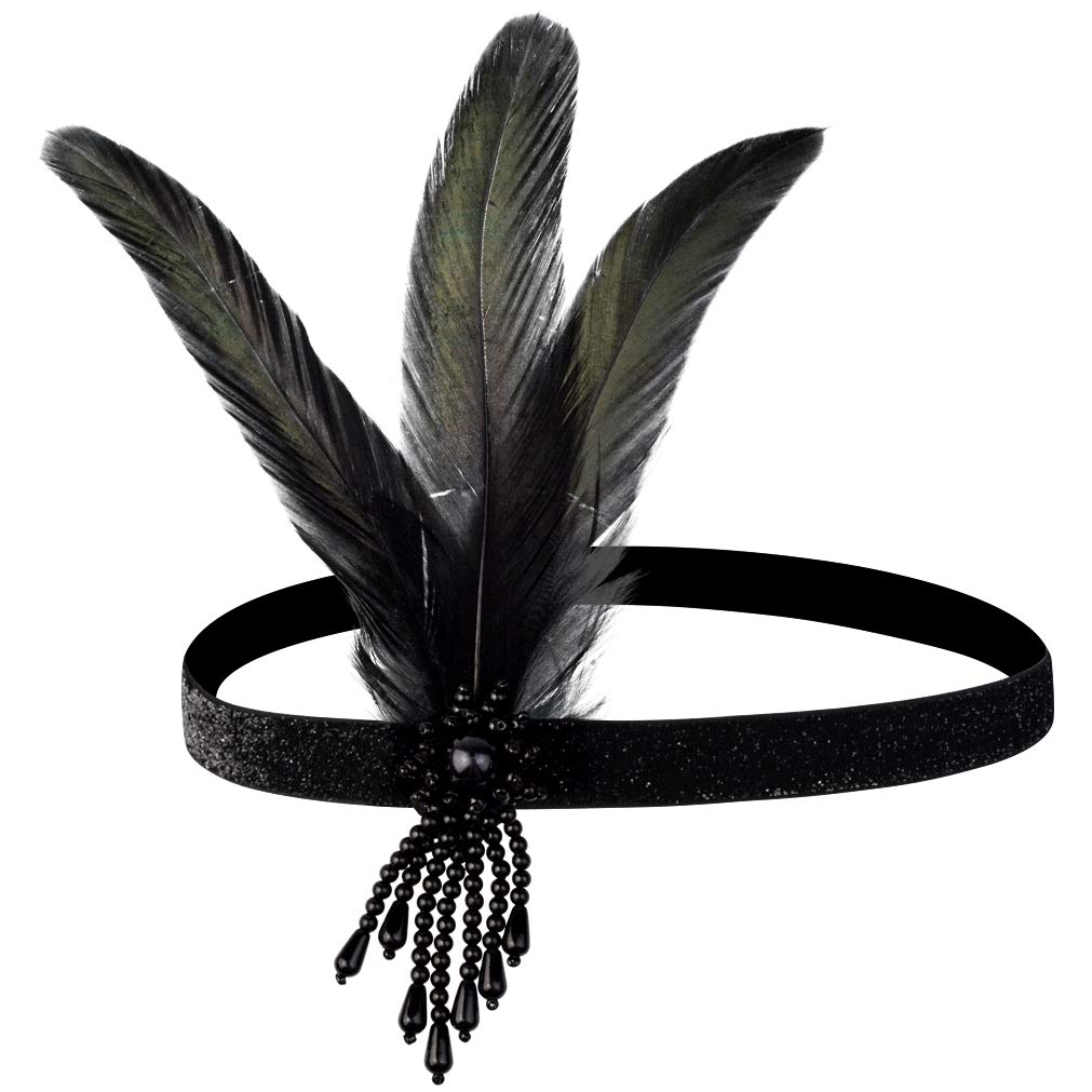 View 1 of 1 Pcs 1920s Flapper Headpiece Black Feather Headband Roaring 20s Gatsby Hair Accessories (Black)