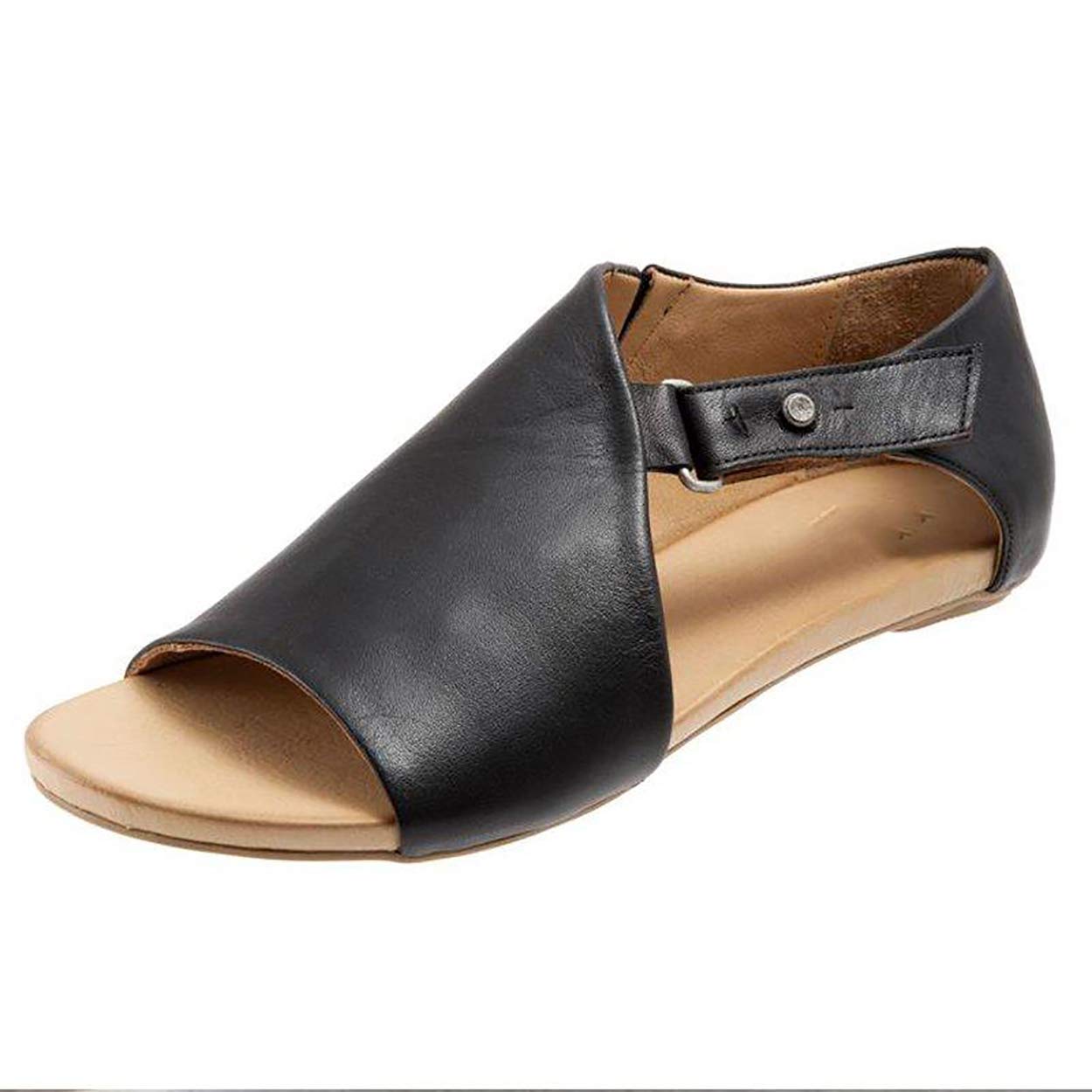 Flat Sandals for Women Leather Strappy Sandals Open Toe Slip on Casual Summer Shoes