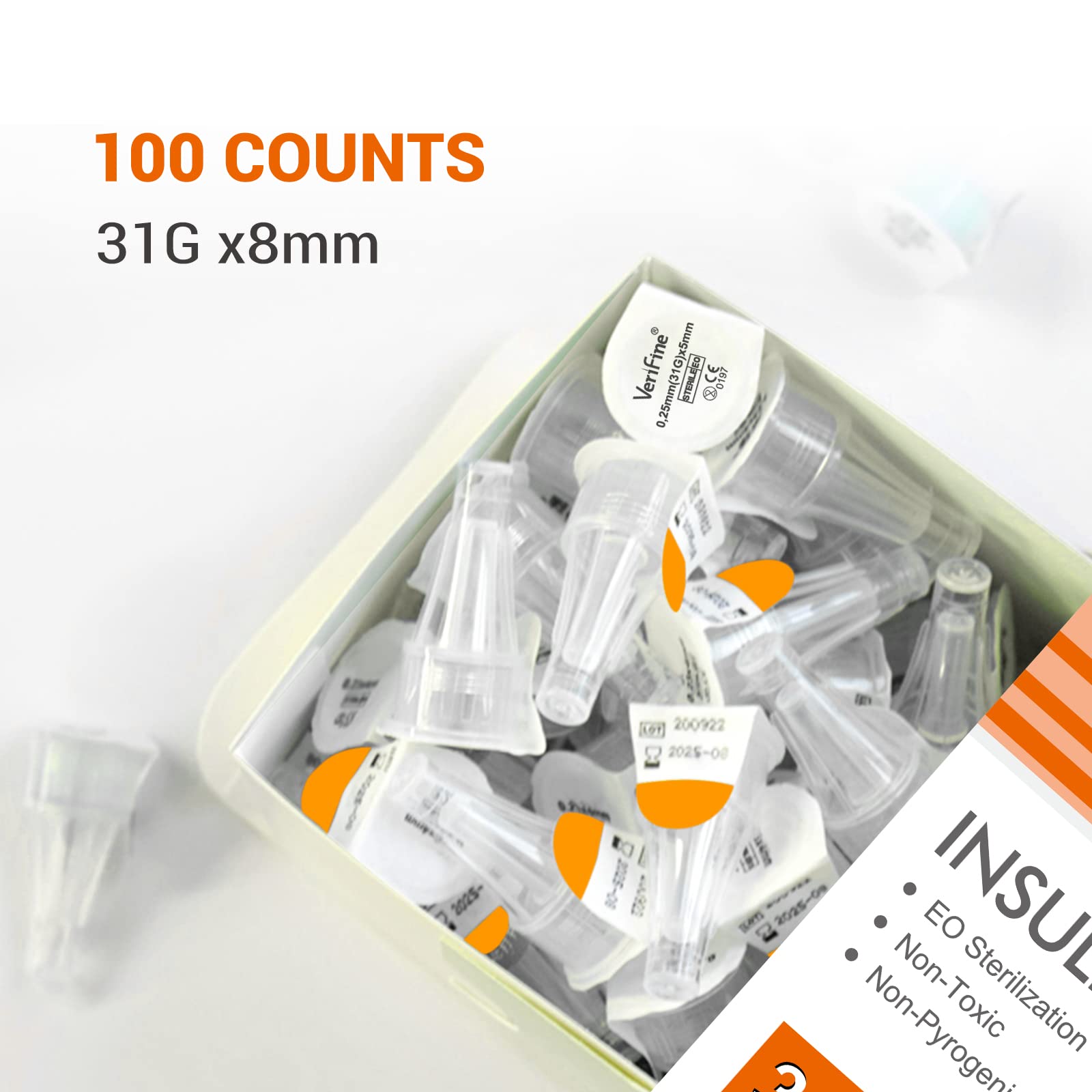 Verifine Insulin Pen Needles 31G 8mm, Ultra Fine Diatetic Needles for Insulin Injection, Compatible with Most Insulin Pens (Pack of 100)