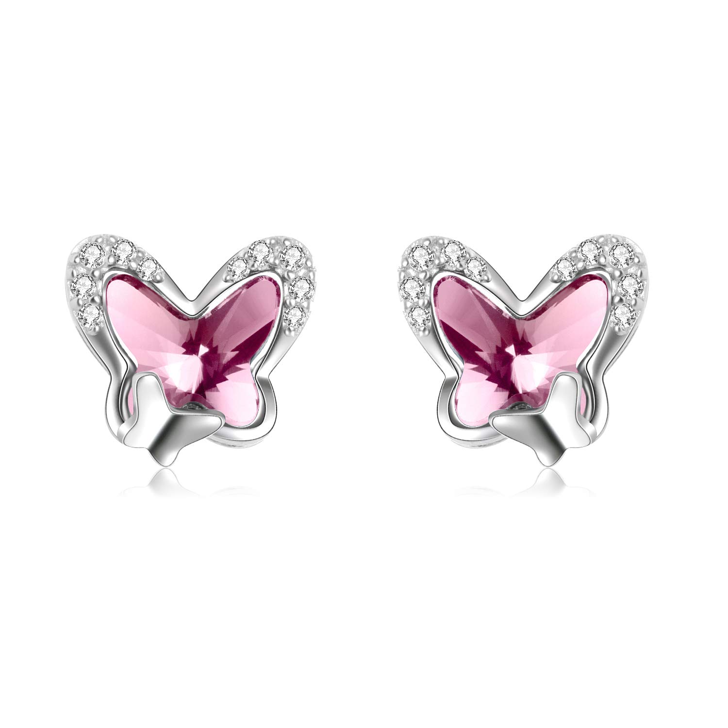 Sterling Silver Butterfly Stud Earrings, Butterfly Jewellery Birthday Gifts for Women Girls Her Daughter (Pink)