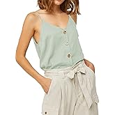 Womens Cotton Linen Tank Tops Causal V Neck Sleeveless Button Down Tops Summer Loose Fit Spaghetti Strap Cami Shirts