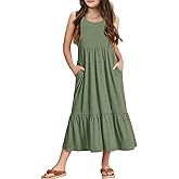 Batermoon Girls Summer Dress Sleeveless Flowy Tiered Casual Long Maxi Dress with Pockets